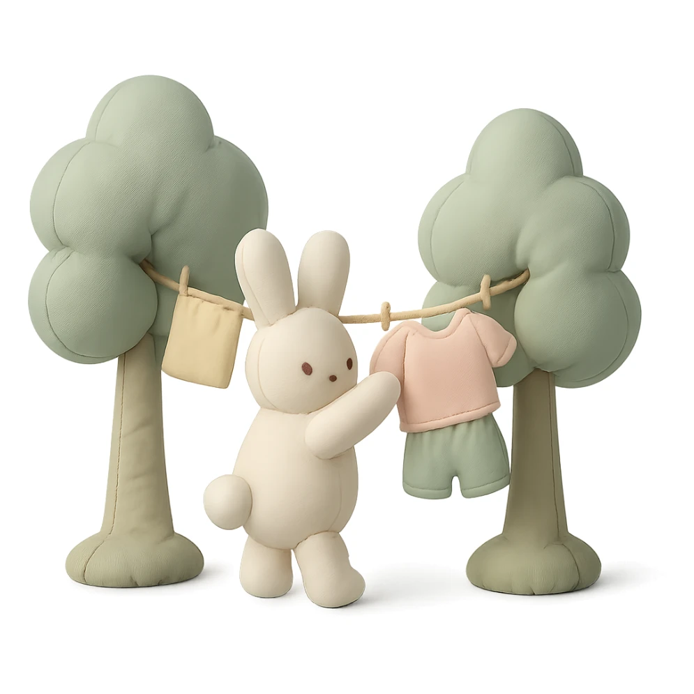 bunny hanging laundry between trees, calming domestic forest feel, soft pastel colors sticker