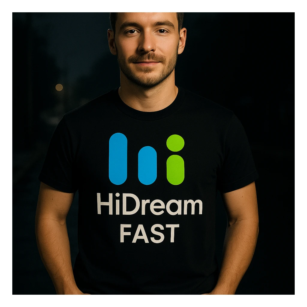 man wearing tshirt with this logo, dark night background with dim , add fast below logo, make man fit into image sticker