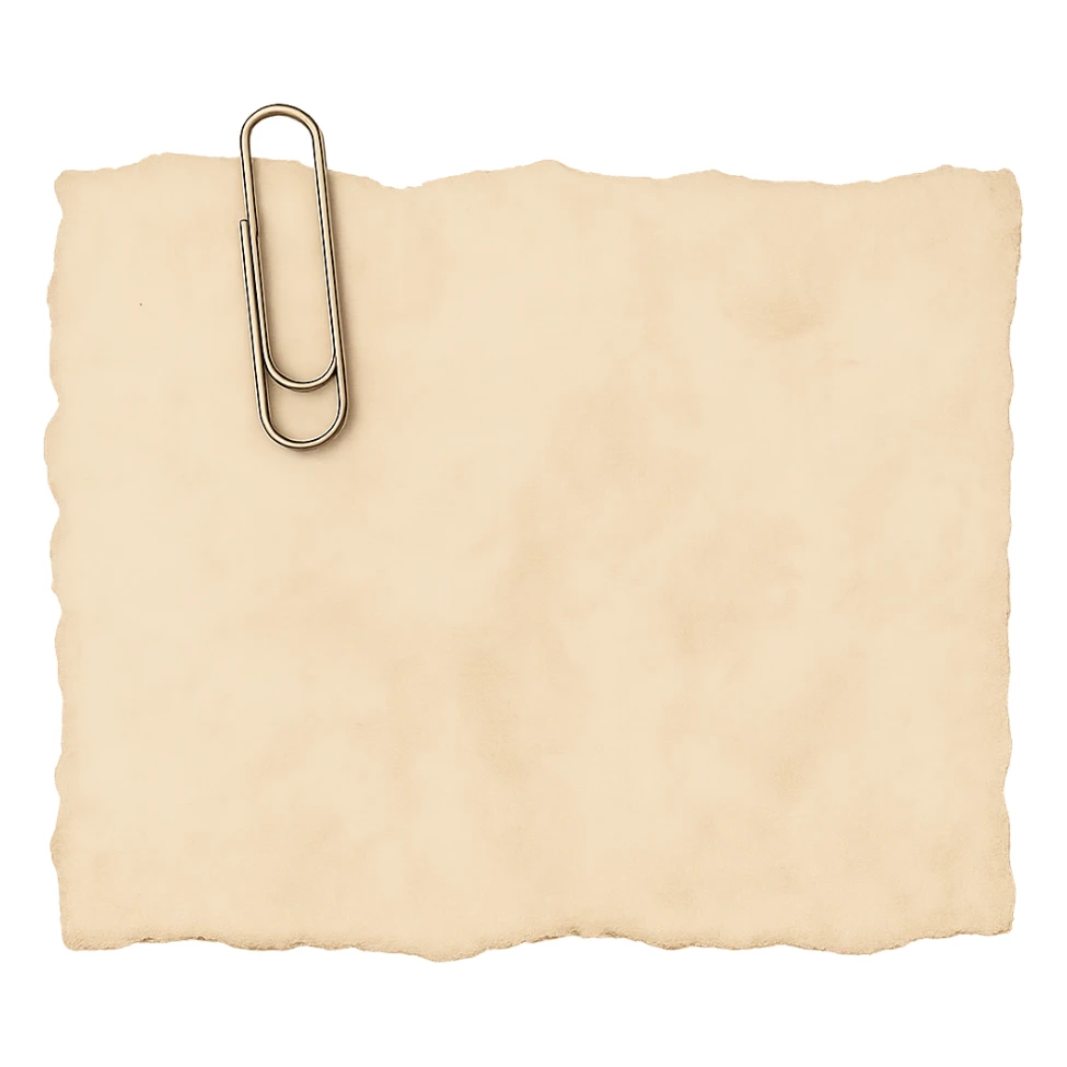 Add a realistic silver paperclip accent to the faded beige torn notebook paper scrap with irregular edge. Keep the watercolor texture and transparent background. No face, no hands, no legs, no characters. sticker