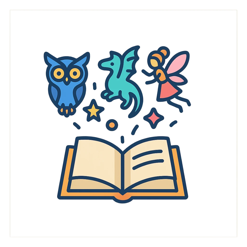 open book with magical creatures flying out, such as owl or fairy, magical atmosphere, shadows and highlights, colorful outlines sticker