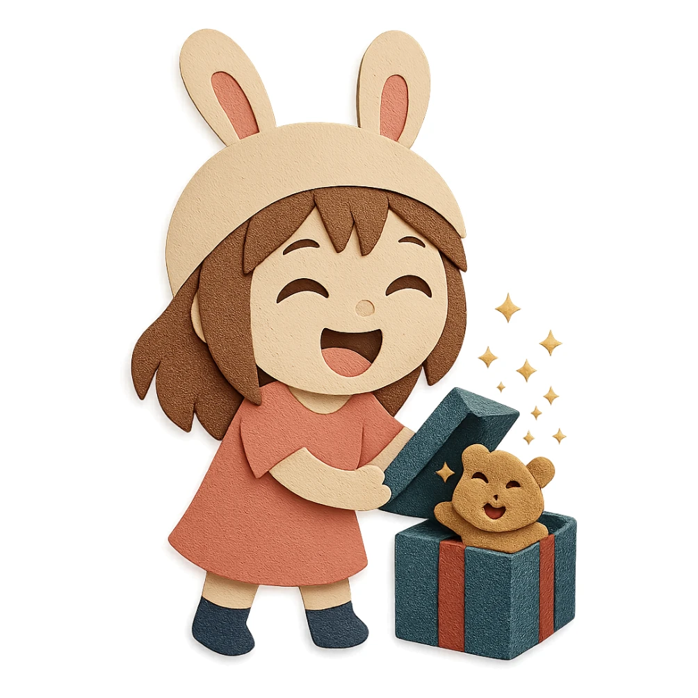 Create a laughing chibi cute girl with a bunny hat unwrapping a magical glitter gift box with a small laughing teddy bear inside the gift box, full body, clean and polished, no imperfections, matching the paper-craft style and quality of the reference image sticker