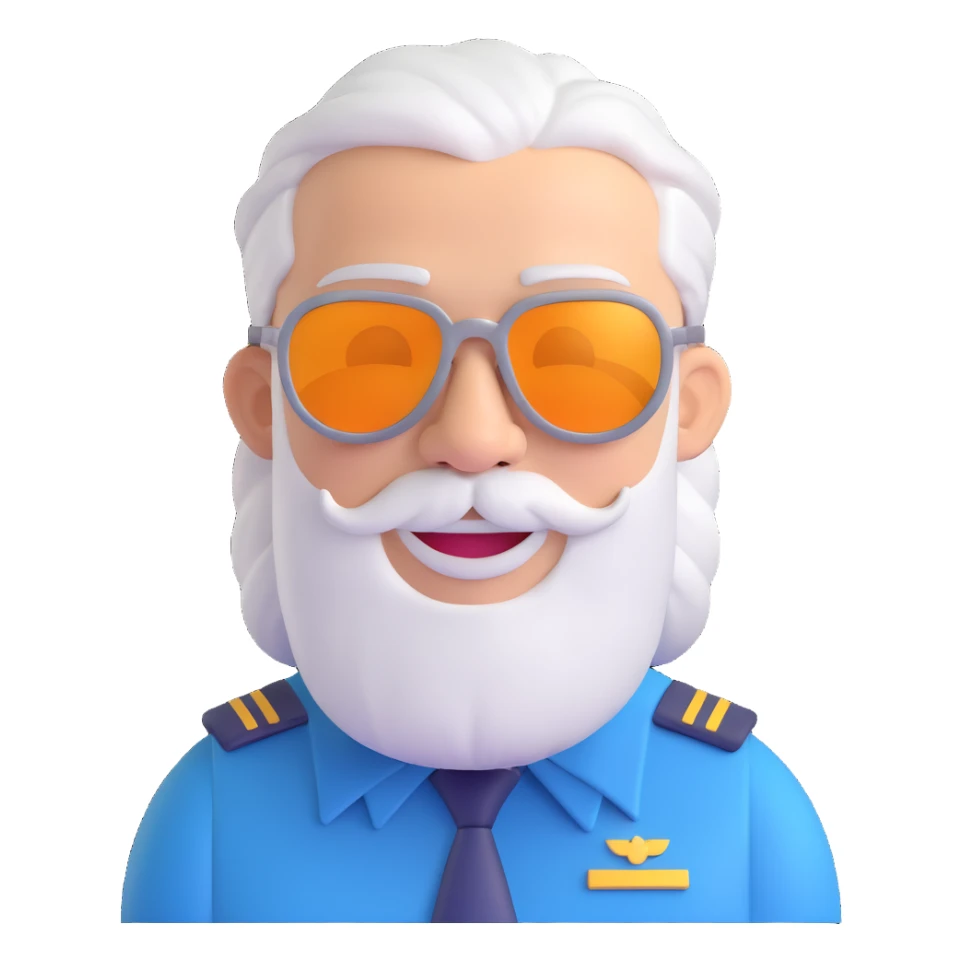 middle-aged male pilot, silver hair, beard, smiling, fair skin, wearing sunglasses sticker