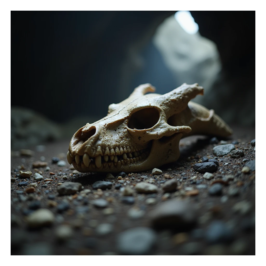 a dragon skull in a cave, moody lighting, realistic style sticker