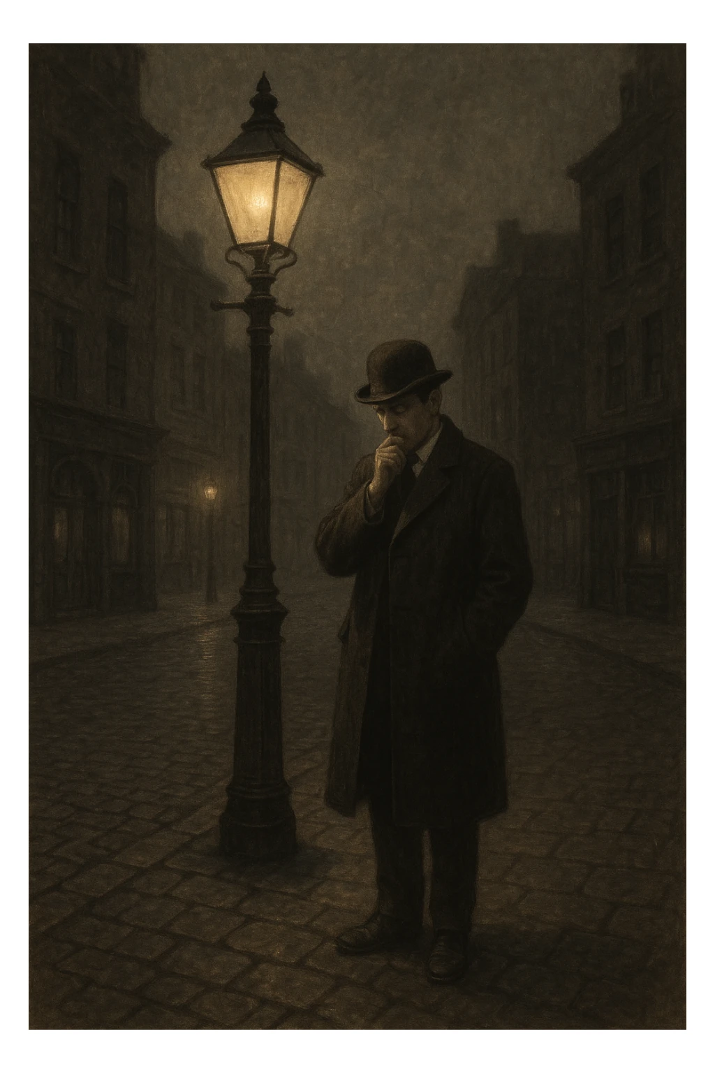 a man in a bowler hat and overcoat, pausing under a streetlamp, pondering existence, early 1900s city scene, moody atmosphere sticker