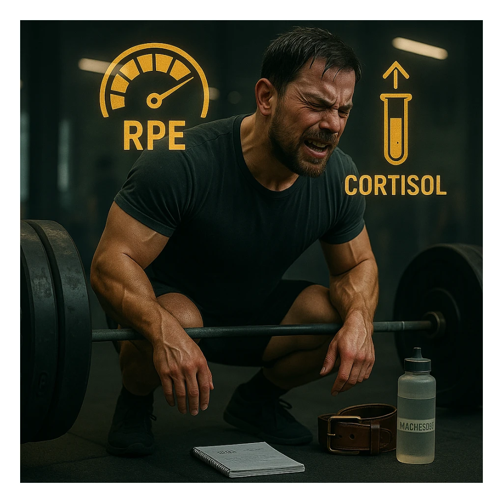 Add floating icons above the subject's head showing high RPE and elevated cortisol, in cinematic style with the same color palette. sticker