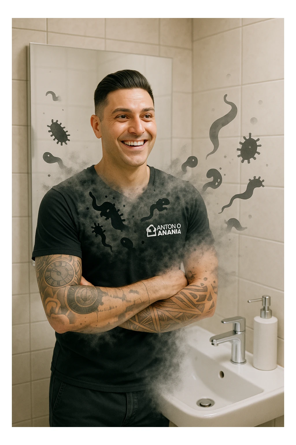 a man stands in a brightly lit bathroom, looking relieved and revitalized as he examines his reflection in the mirror. In the foreground, stylized, shadowy images of parasites (such as worms or protozoa) are shown leaving his body, dissolving into mist or fading away. His posture is upright and his expression is one of newfound energy and health. sticker