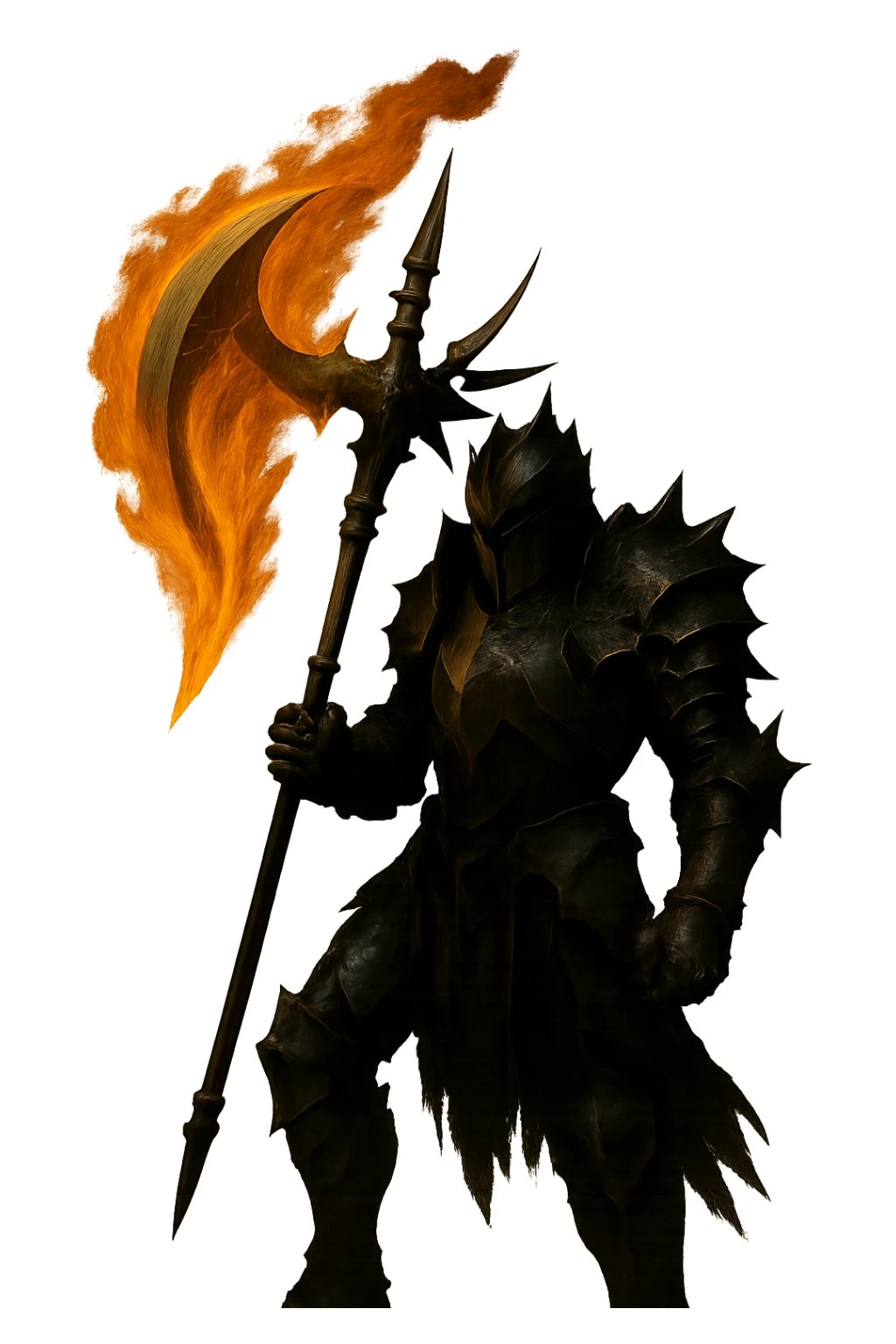 Remove the background, keep only the scary knight holding the super realistic flaming halbert, preserve all details. The style should remain consistent with the original image's realistic and detailed look. sticker
