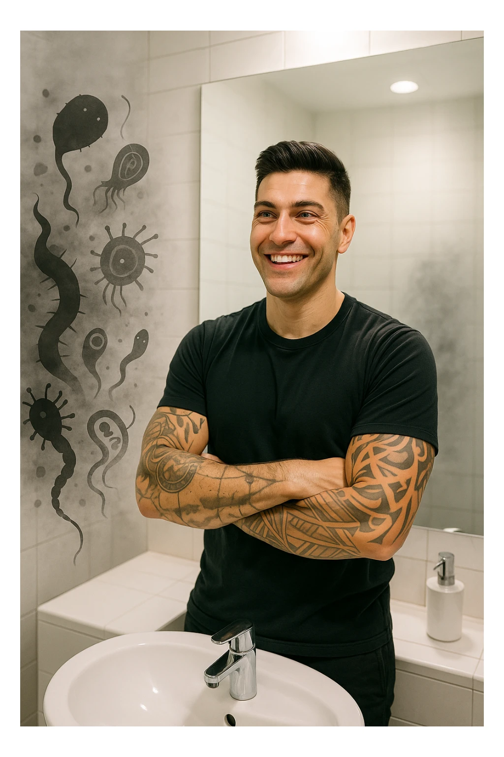 a man stands in a brightly lit bathroom, looking relieved and revitalized as he examines his reflection in the mirror. In the foreground, stylized, shadowy images of parasites (such as worms or protozoa) are shown leaving his body, dissolving into mist or fading away. His posture is upright and his expression is one of newfound energy and health. sticker