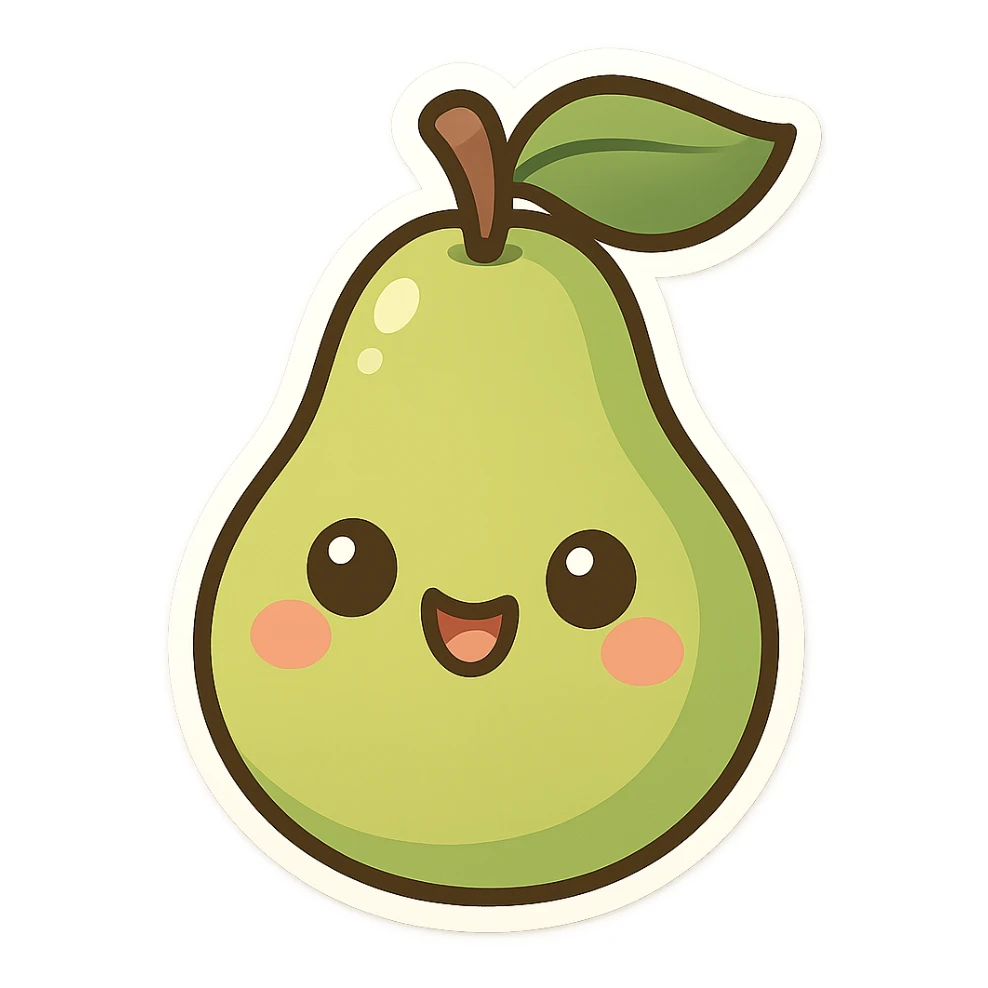 chibi sticker-style pear with a smiling face, cute and exaggerated sticker