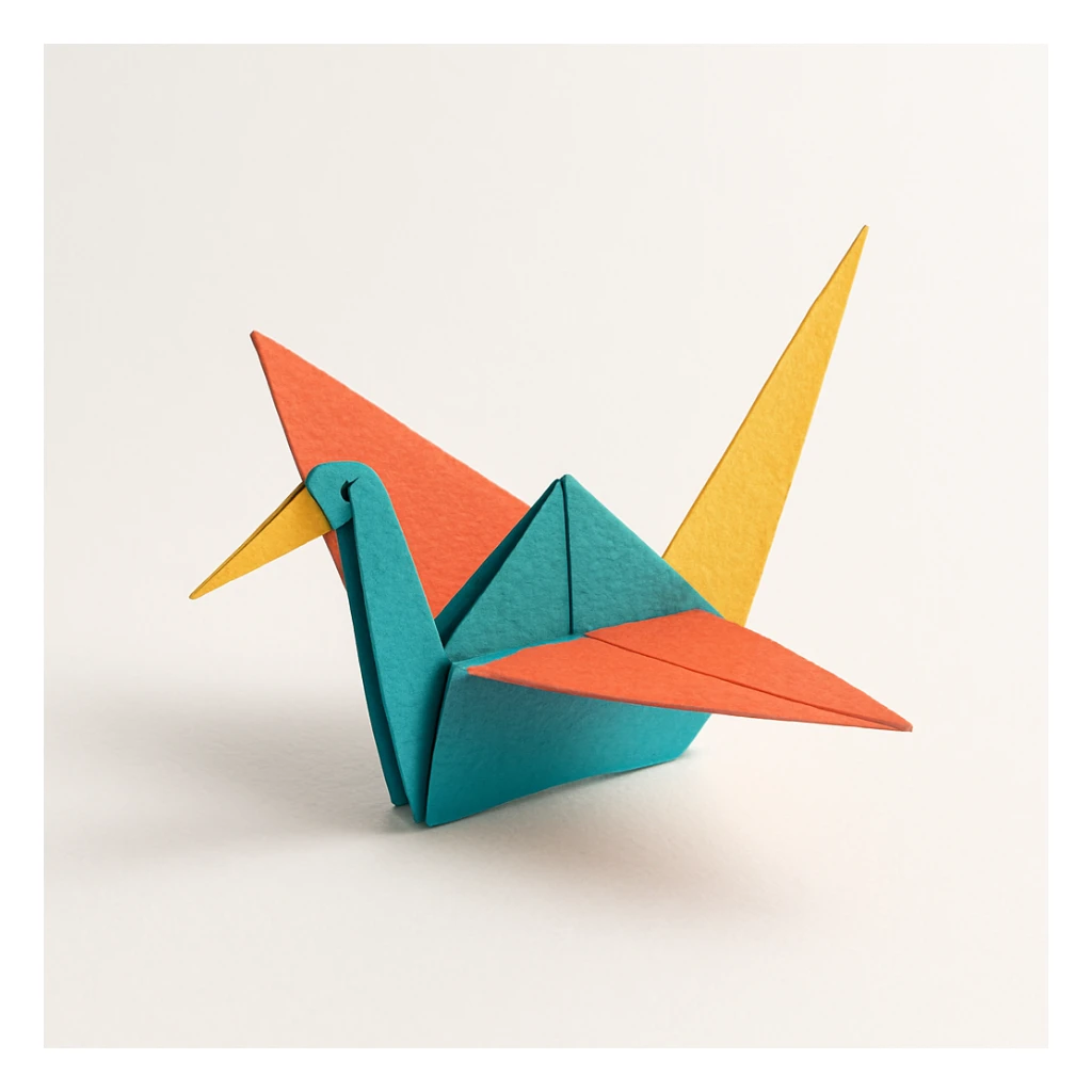 a 3D origami crane, representing creation and new beginnings, paper craft style sticker