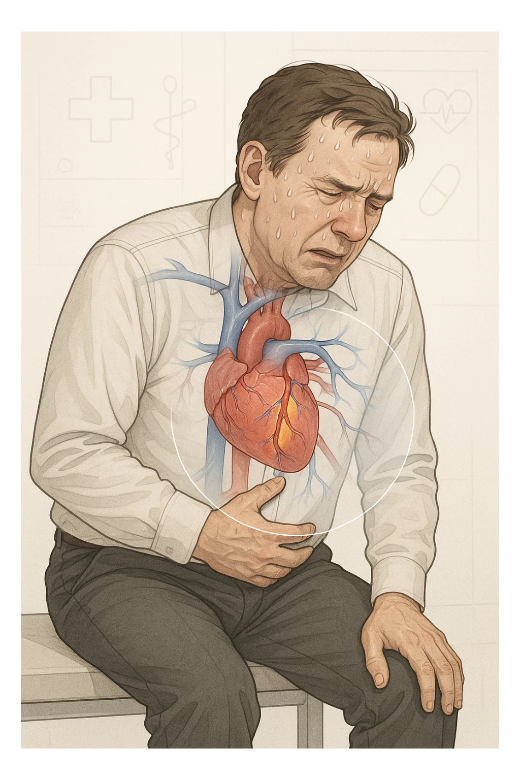 a middle-aged man sits on a bench, clutching his chest with a pained expression. His face is pale and sweaty, and his posture is hunched forward. A transparent overlay reveals his heart and major blood vessels, with highlighted areas indicating blockages or damage. The background is clean and clinical, with subtle medical icons. sticker