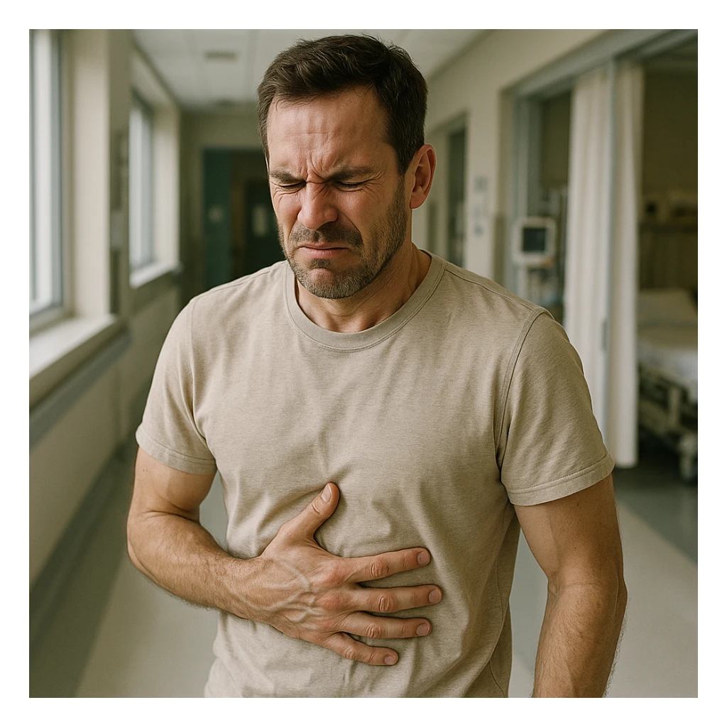 man with diaphragm blocked due to stress, hyper realistic style, tense face, rigid posture, hand pressing on abdomen, realistic details, hospital environment, natural light sticker