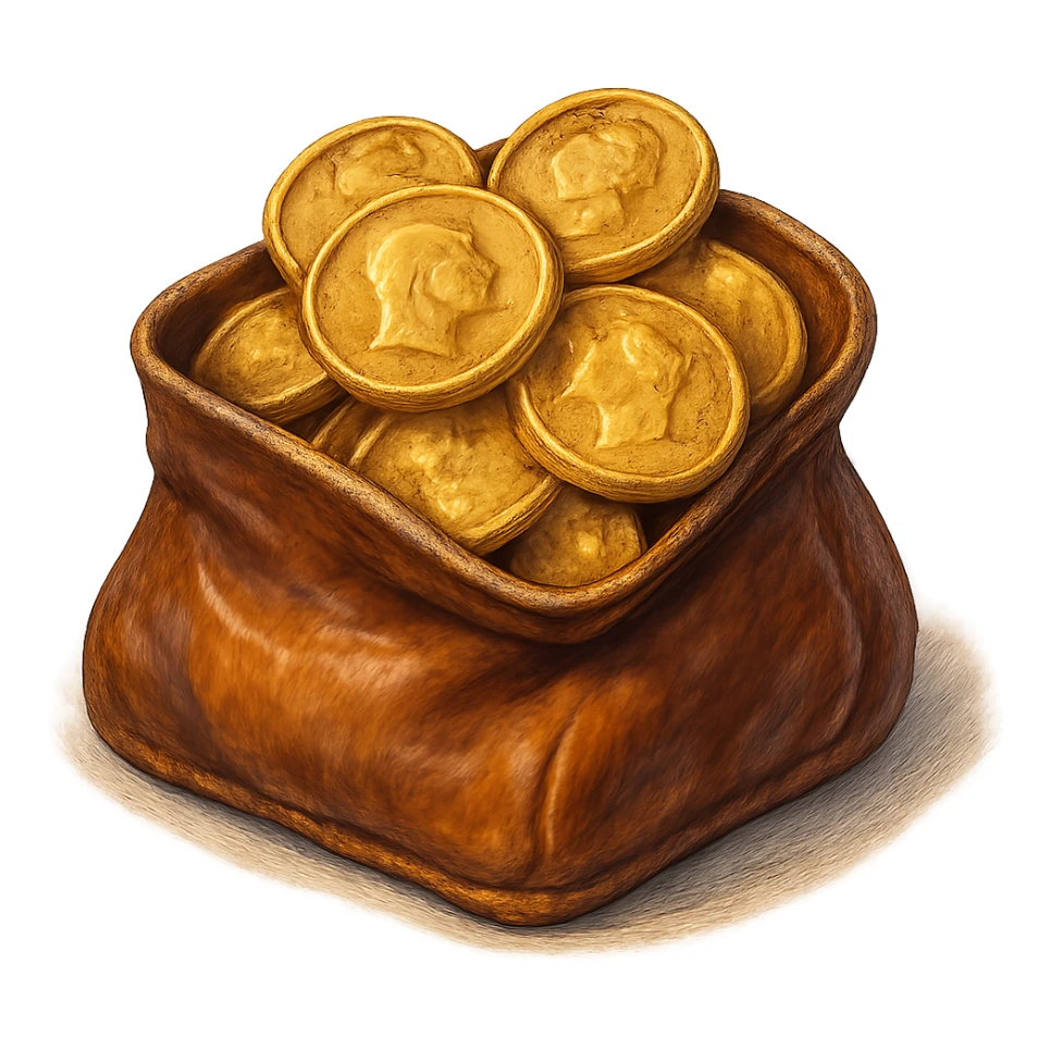 В cлегка рисованной, но при этом объемной и яркой стилистике сгенерируй картинку кожаного кошелька, из которого торчат натуральные фотореалистичные золотые монеты. Они должны выглядеть не как пластмассовые, а как настоящее золото. Прозрачный фон sticker