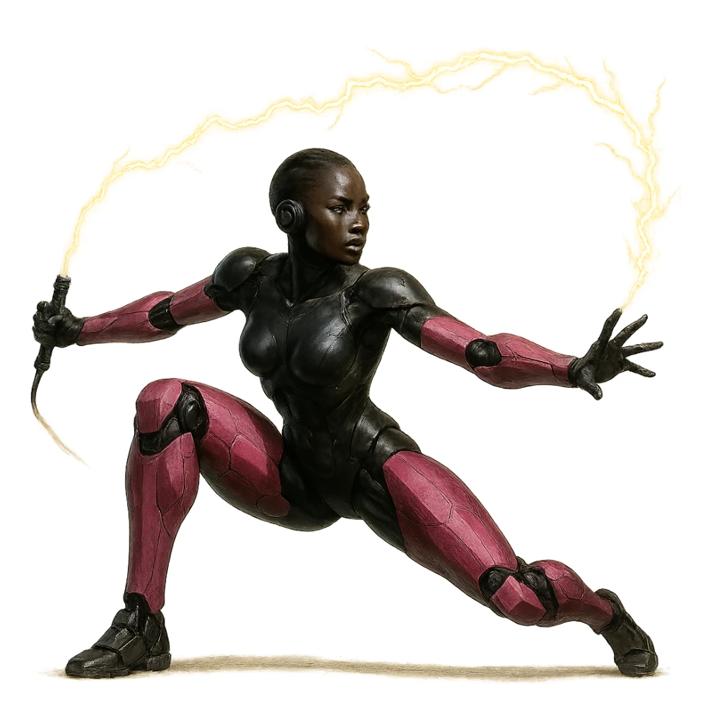 slim, powerful black female robot with small ear pieces, pink hexagonal arms and legs, holding a lightning whip by the handle in a dynamic, realistic action pose, no border, transparent background, realistic art style sticker