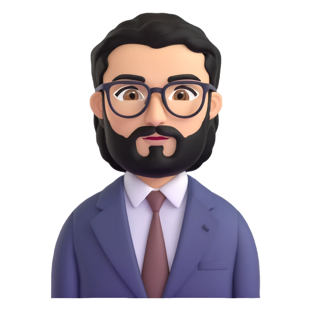 professional middle eastern businessman with medium length black beard, black hair, thick unibrow, tan skin, brown eyes, glasses, wearing a formal suit and tie sticker