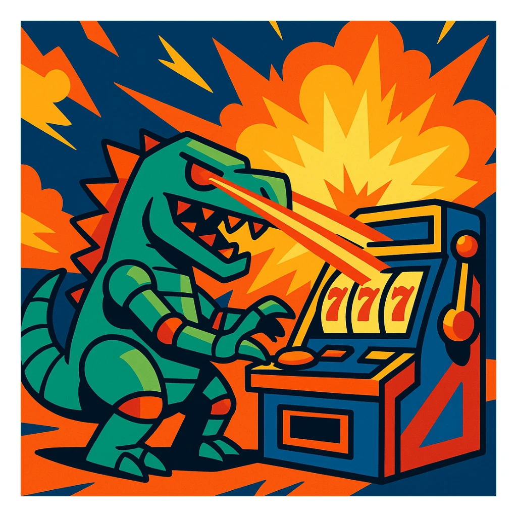 robot dinosaur shooting lasers from its eyes while playing a slot machine, with a big explosion in the background, vibrant and dynamic scene sticker
