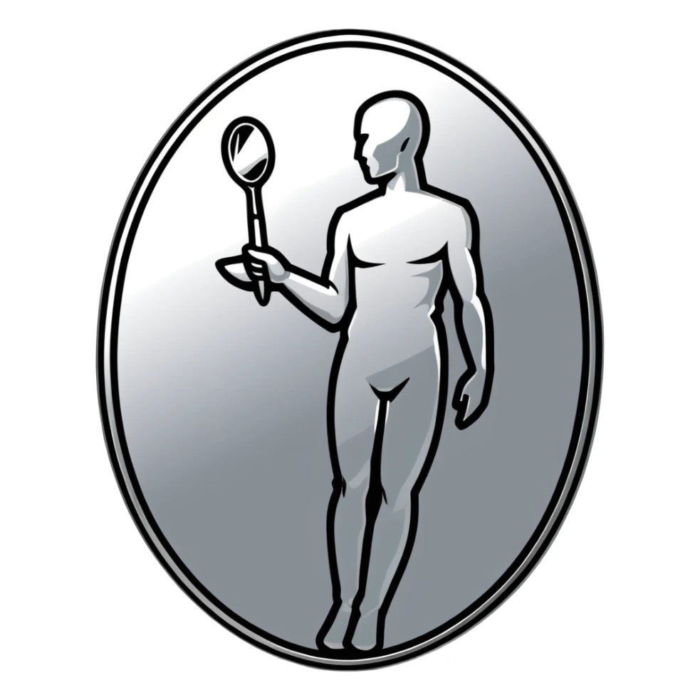 A paintbrush transforming into a silver human silhouette sculpture emblem, symbol of artistic identity, with a mirror-like silver metallic finish sticker