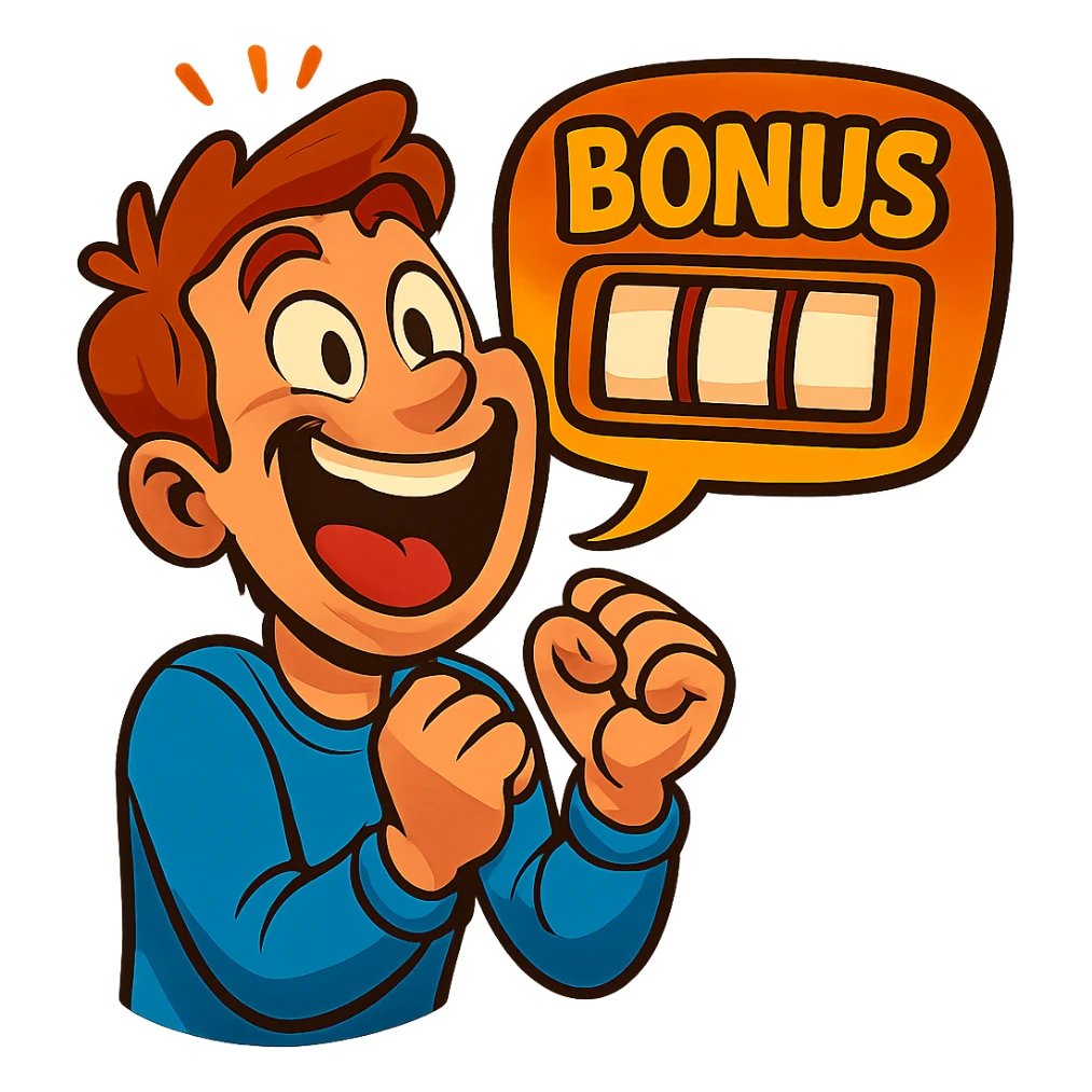 Make the person look extremely excited and joyful while waiting for a bonus slot, with a big smile and energetic body language. Keep the style consistent with the original and maintain a transparent background. sticker