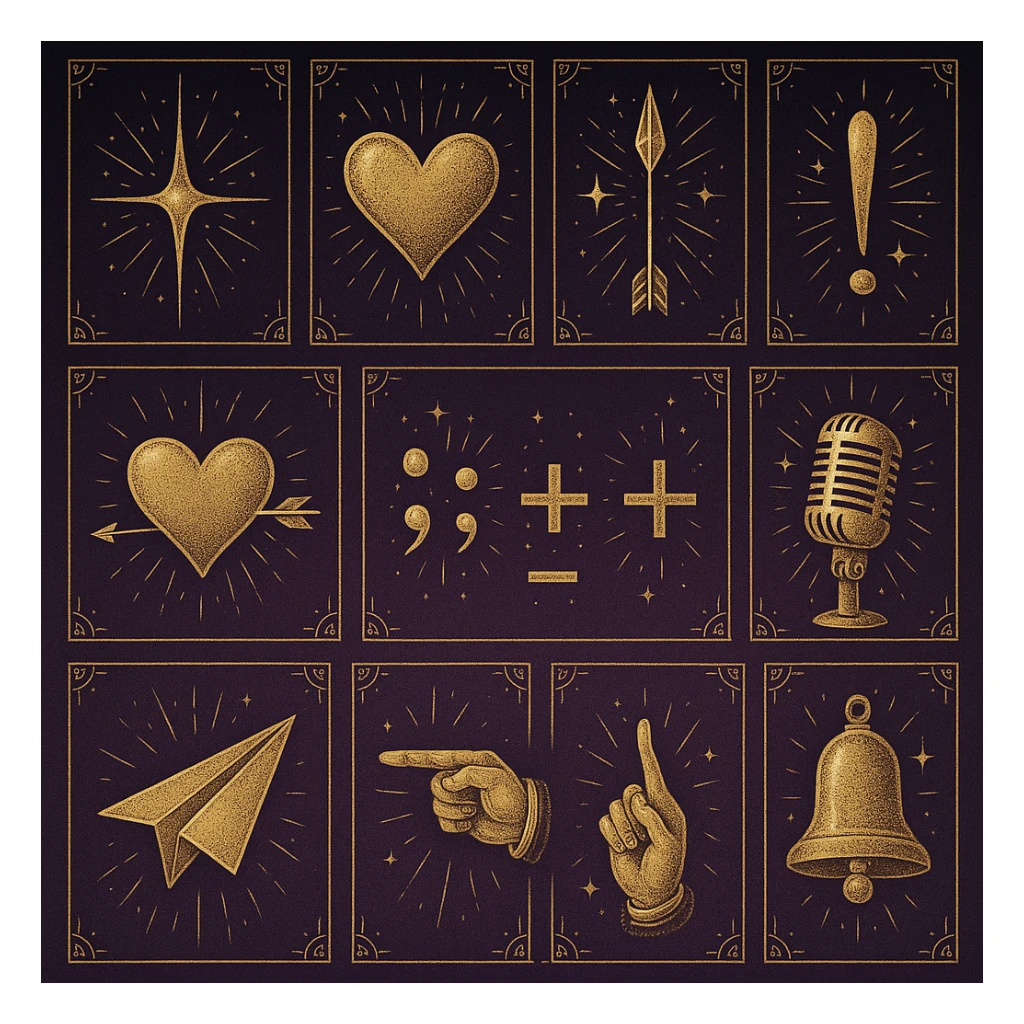 lights, hearts, arrows, punctuation marks, mathematical signs, microphone, telegram airplane, finger points, bell, all in tarot aesthetics with a dark purple gradient to light purple background sticker