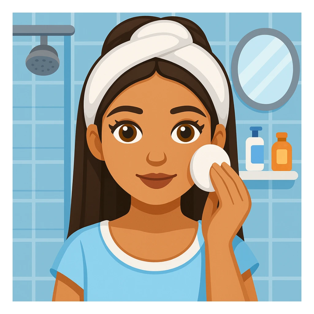 Add a bathroom background behind the Latin girl using a cotton pad to remove makeup. The style should resemble emoji style with simple, colorful, and concise features. sticker