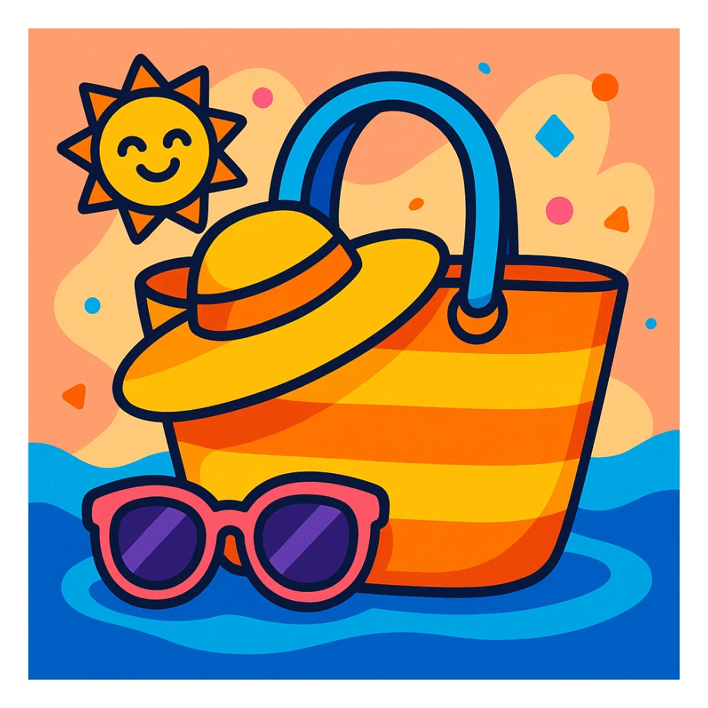 summer bag, bright colors, playful, with sunglasses and a sun hat sticker