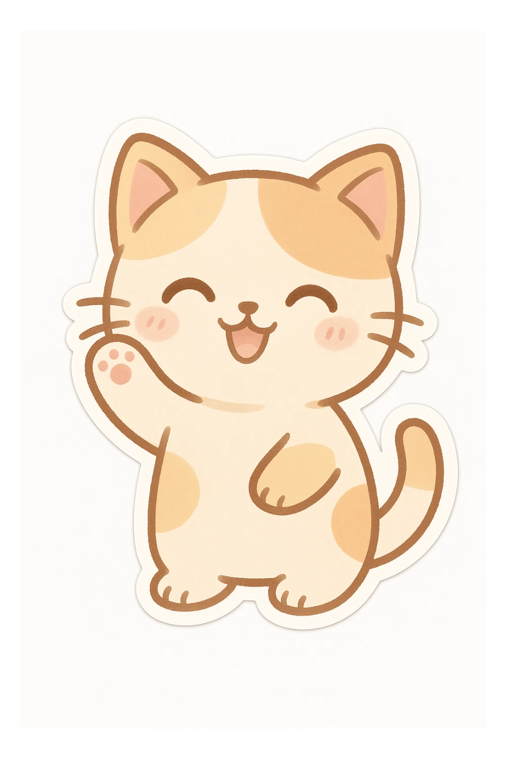 chibi sticker of a happy cat waving, pastel colors, cute expression, white background sticker