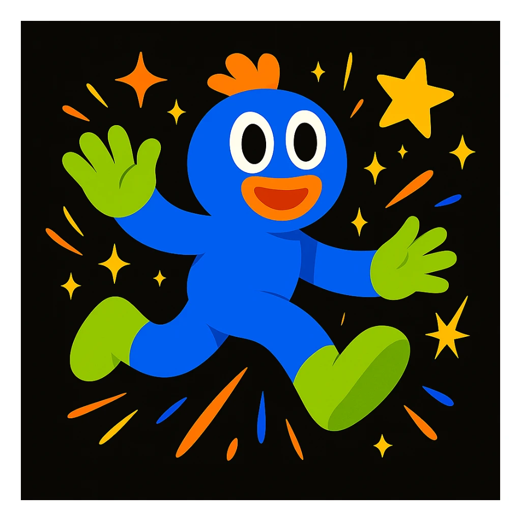 Replace the mascot in this image with the same unified mascot character used in the other two images. Maintain the colorful motion lines, sparkles, and dynamic accents to keep the playful, energetic, and imaginative vibe suitable for a black website background. sticker