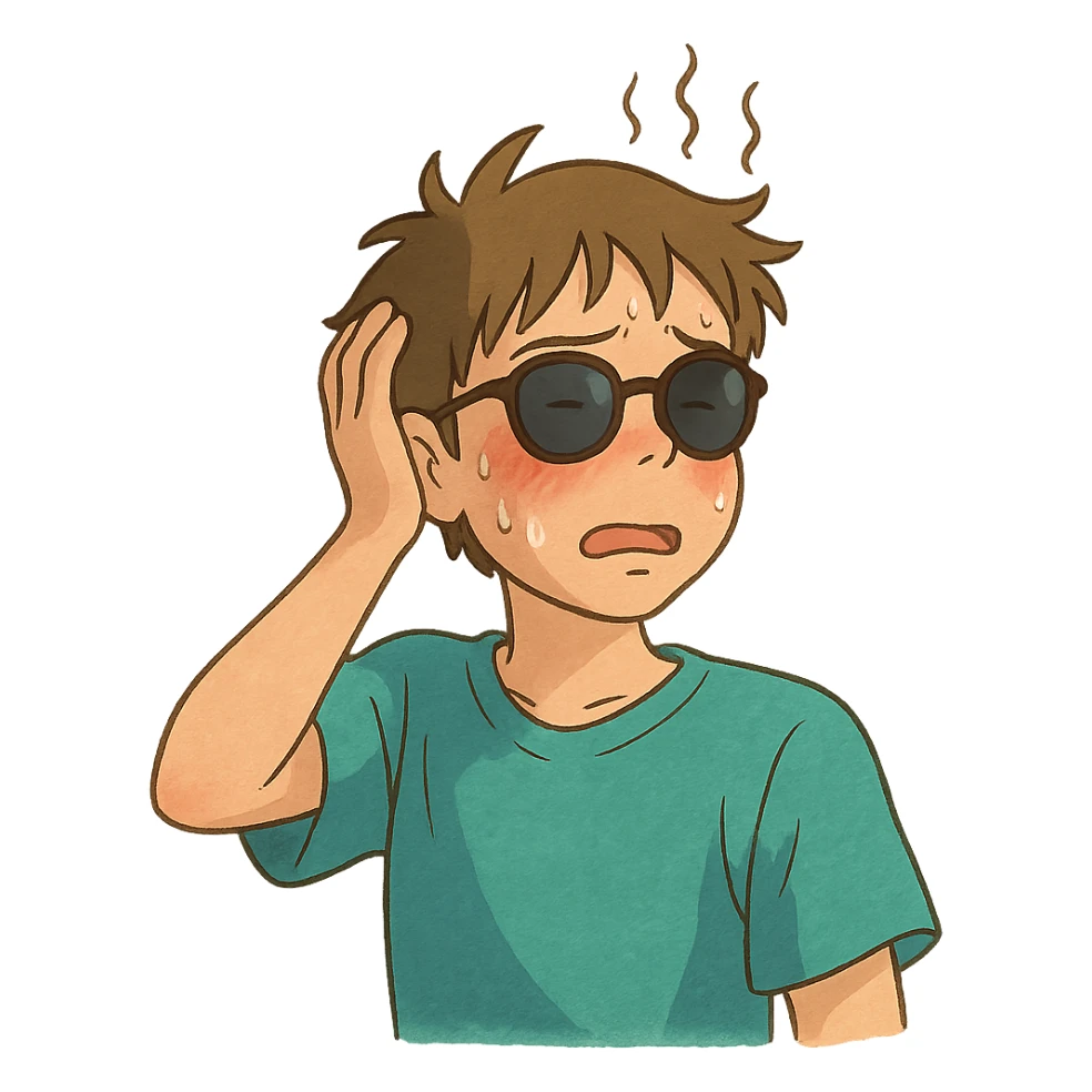 ghibli style character with sunglasses, flushed cheeks, feeling hot sticker
