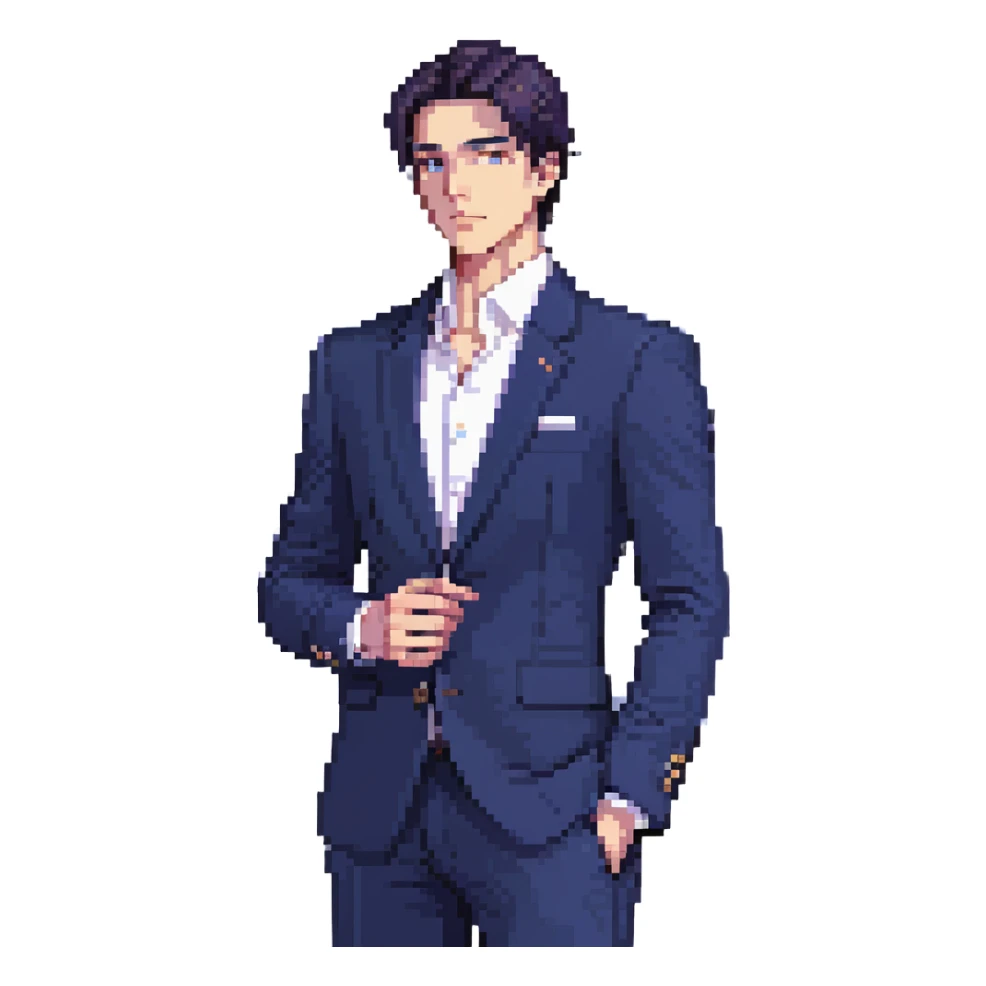 Flat pixel art, focused and confident male strategist, fair skin, short sleek dark hair, intense sharp eyes, wearing a deep indigo suit jacket over a crisp white shirt, holding a futuristic holographic blueprint in one hand, other hand thoughtfully touching chin, waist-up, front-facing sticker