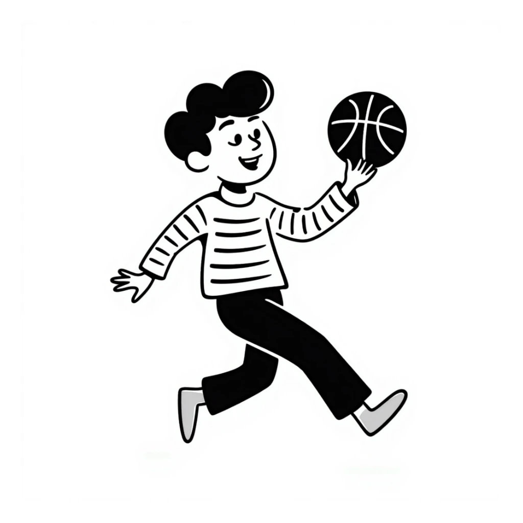 boy dribbling a basketball, hand drawn doodle style sticker