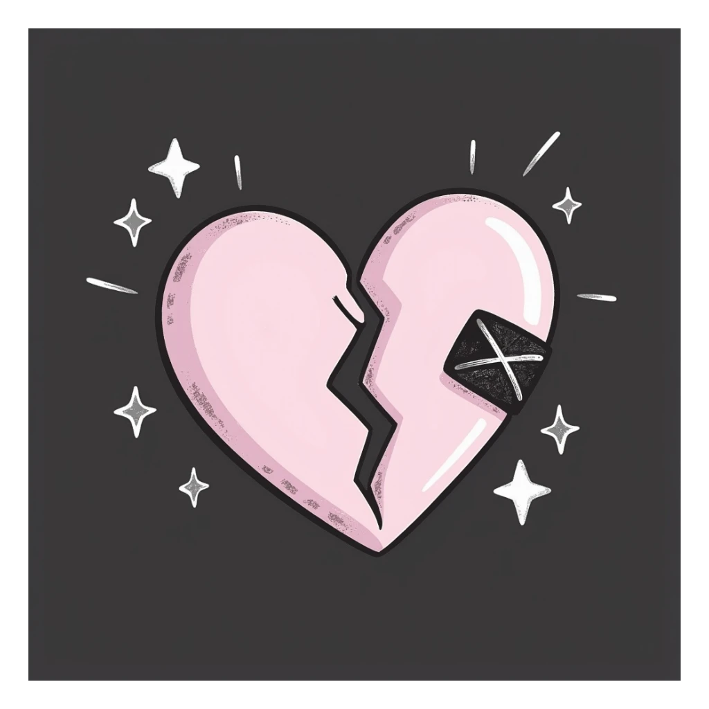 broken heart emoji with jagged split and bandage over the crack, chalk style, soft lilac color palette, rough doodle-like texture as if drawn with pastel chalk on a dark surface, surrounded by subtle sparkles, aesthetic and emotional Telegram channel sticker