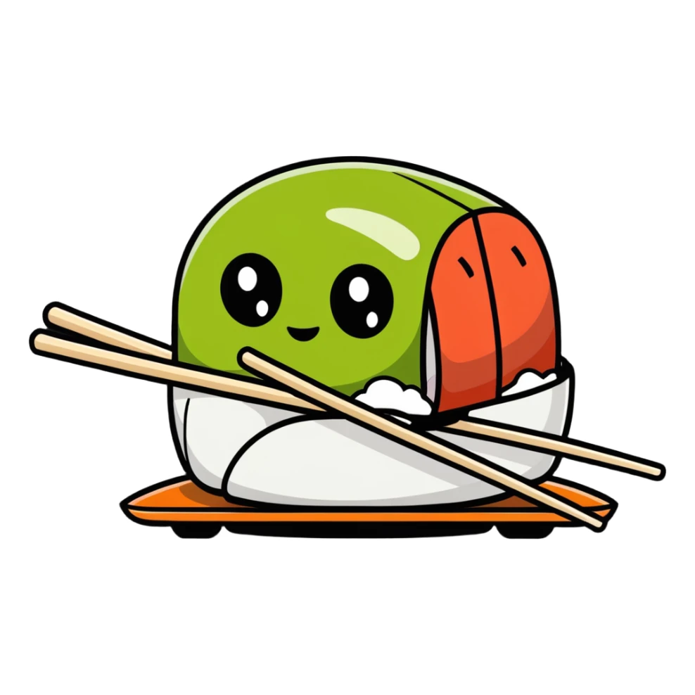 a robot shaped like a sushi roll, with LED eyes, tentacle sticks and soy sauce dripping like wires sticker