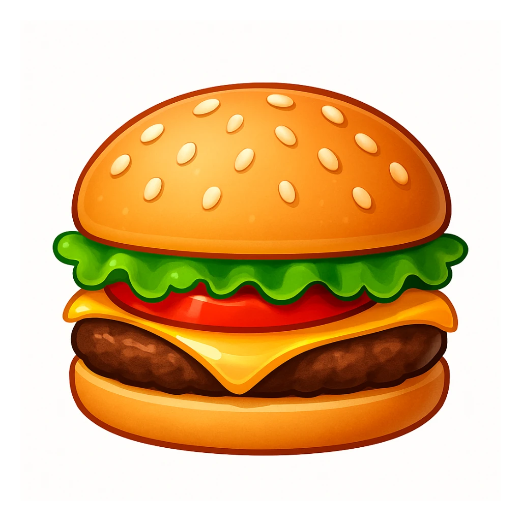 A classic single patty hamburger emoji,, glossy and colorful. Soft rounded bun with sesame seeds, one beef patty, fresh lettuce, ONE tomato slice, melted cheese, realistic but cartoonish look, clean white background sticker