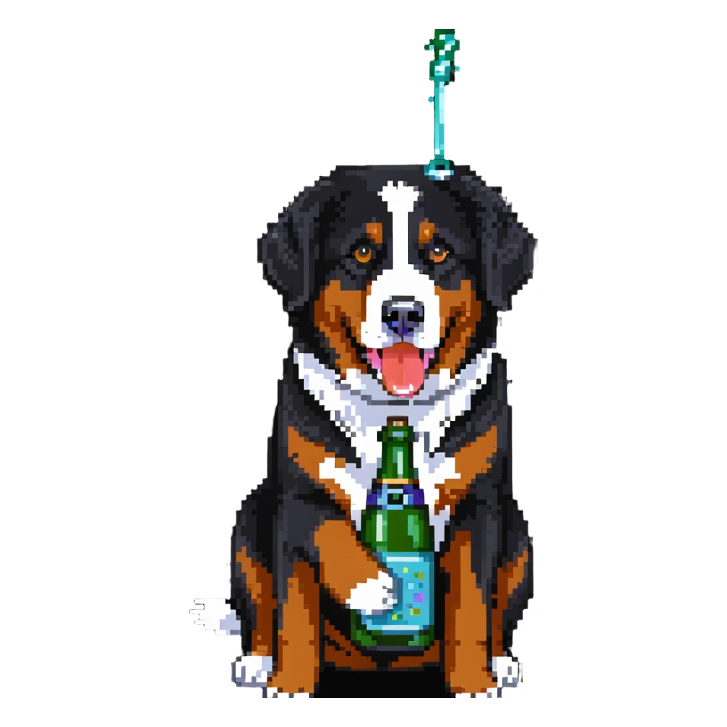 bernese mountain dog holding a toy champagne bottle in its mouth sticker