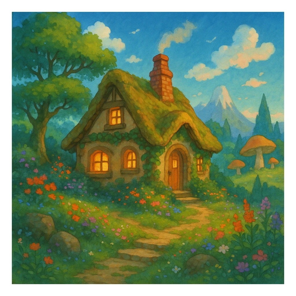 a cozy cottage in a magical landscape, Ghibli style sticker