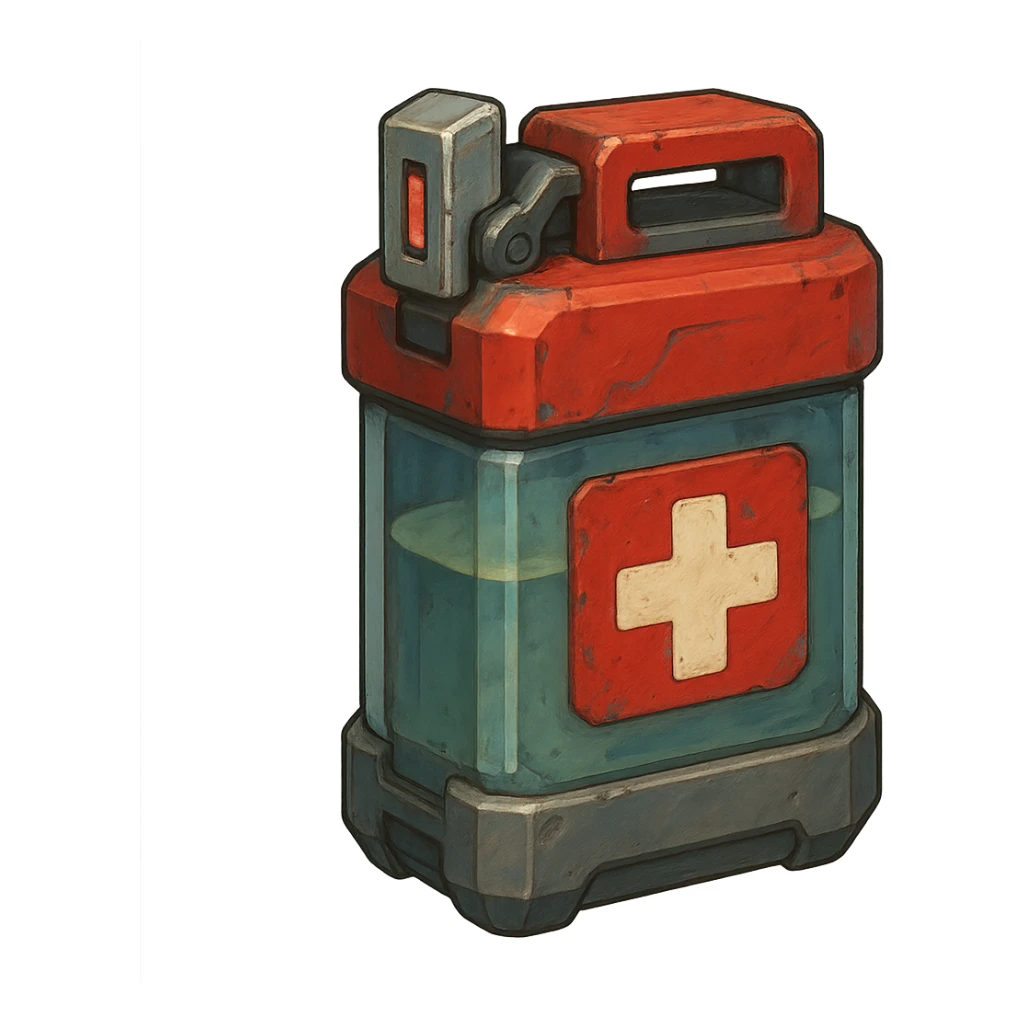 the image is the icon for a videogame insta-use item, it is a medpack- fututistic cyberpunk- resembles a canister with deadswitch sticker