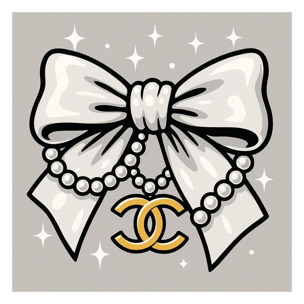 elegant bow with pearls and gold Chanel logo, sparkling effects, glossy, monochrome sticker