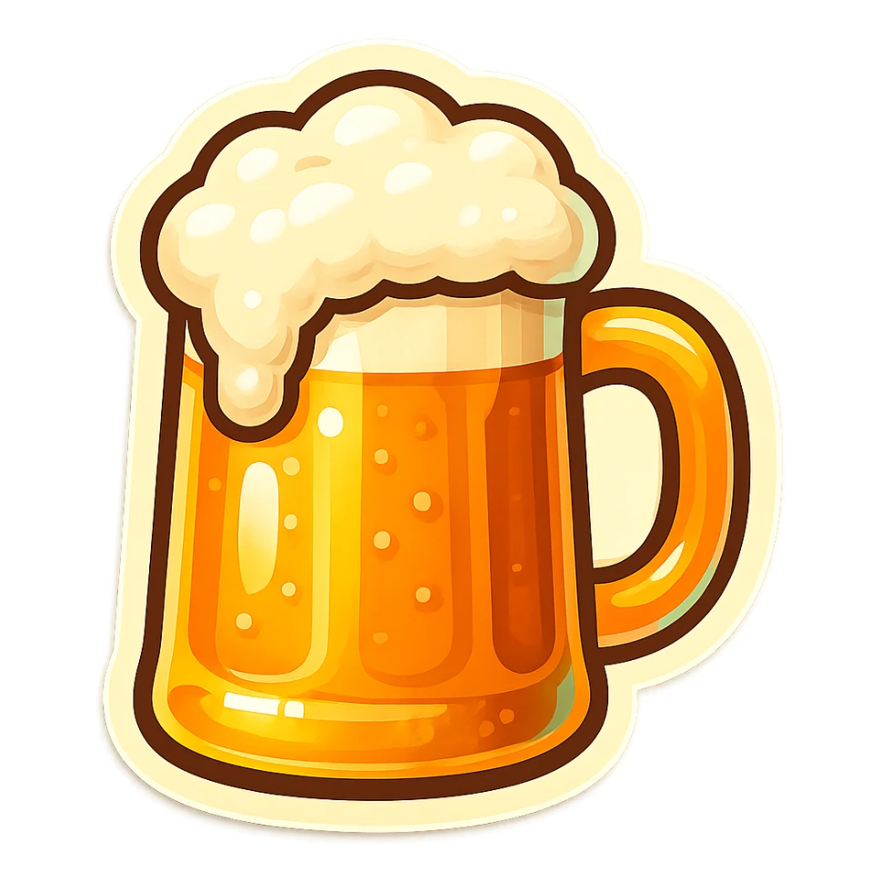 A beer mug with foam and a vintage design sticker