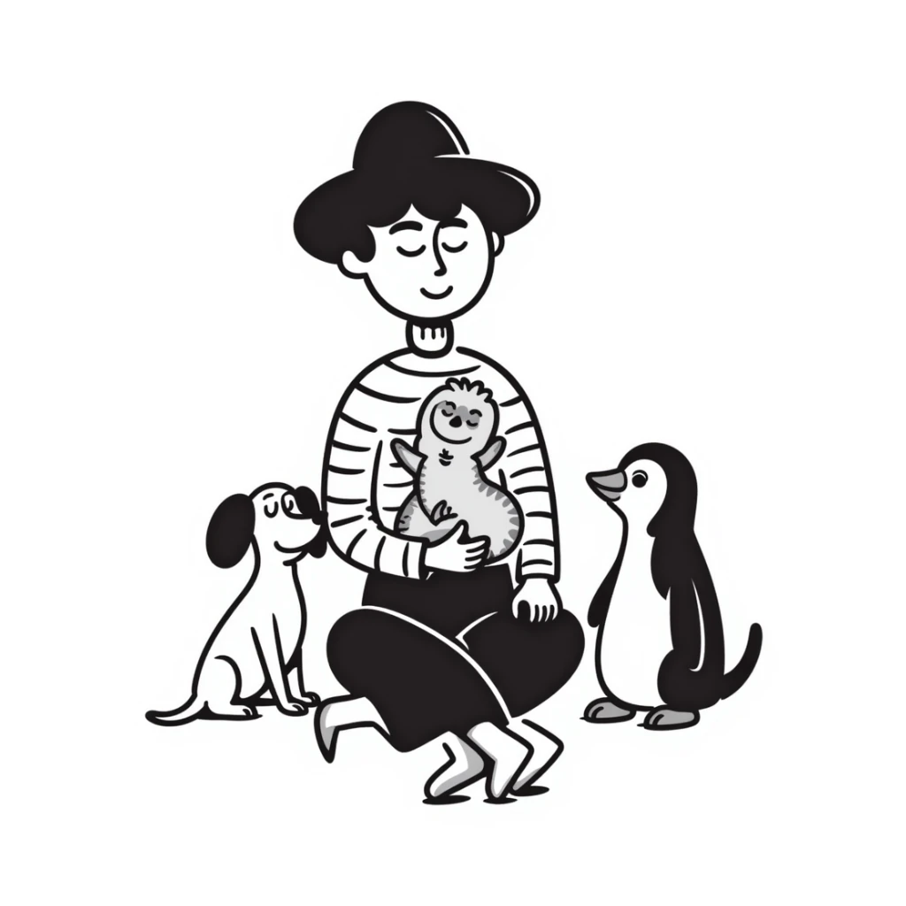 hand-drawn doodle of a sleepy, creative musician with dachshund, penguin, and sloth, wearing stylish clothes sticker