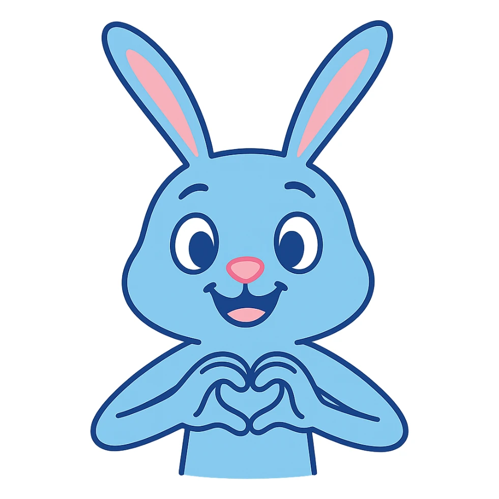 A skinny blue pastel bunny making a heart gesture with its hands, cute, smiling, friendly, with no background. Remove the background to isolate the subject. sticker