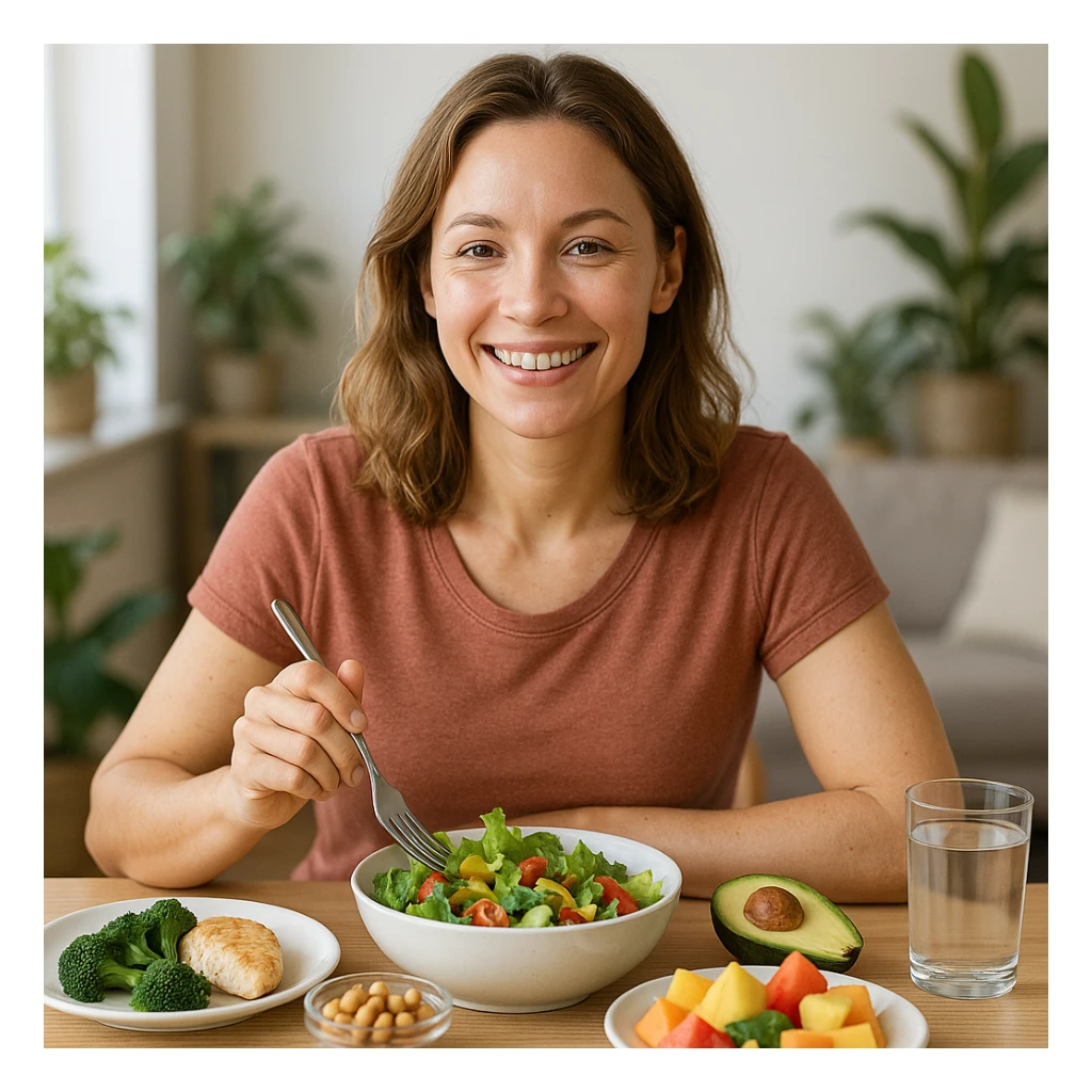 hyper realistic woman following a strategic and balanced diet, improving her quality of life, healthy and happy appearance, positive atmosphere, realistic details, sitting at a table with healthy food sticker