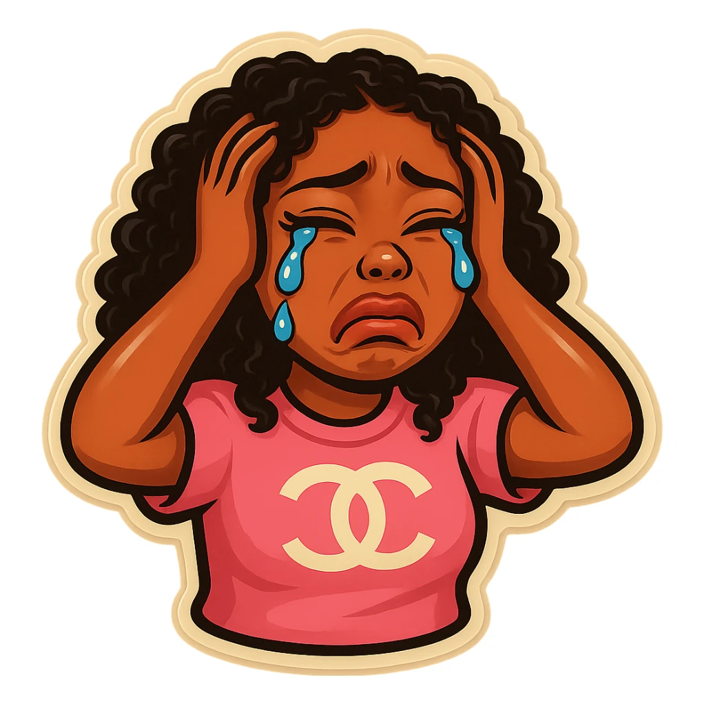  laughing with Tears rolling down face 
Mouth Pout
hands on head 
pink chanel shirt 
head down
 sticker