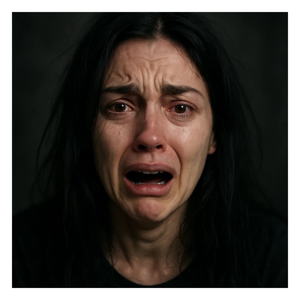 woman with long black hair having a mental breakdown, expressive face, emotional, visible distress sticker