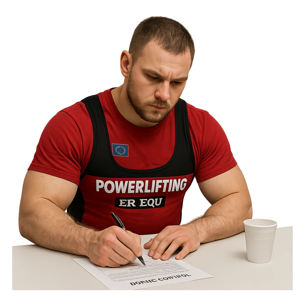 European powerlifter in anti-doping room, signing control documents, wearing competition clothing, serious atmosphere, realistic details, isolated on white background sticker