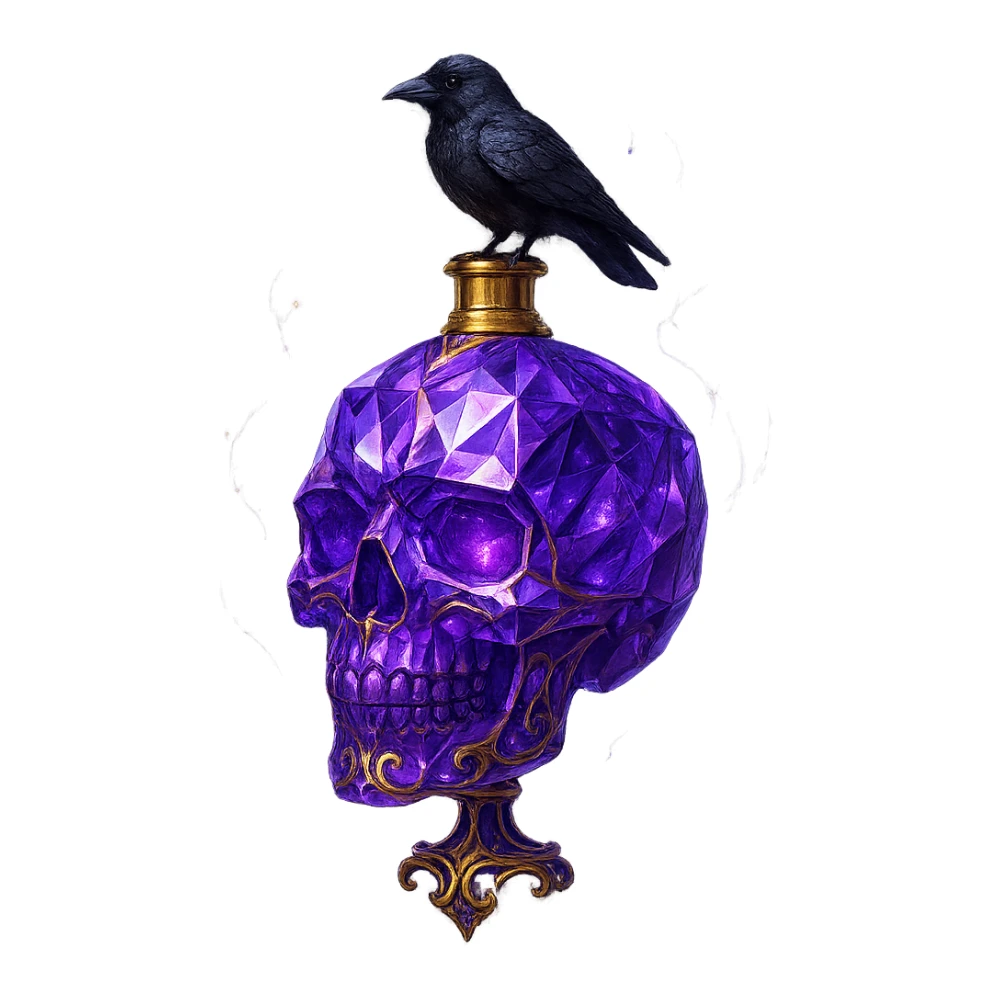 premium class crystal elixir bottle in the shape of a skull, violet, lots of glowing, facets, ornaments, golden details, magical effects, very small golden neck, transparent background, beautiful connected base, clearly floating in the air, no base or shadow, small crow sitting on top, very luxurious, matching the collection sticker