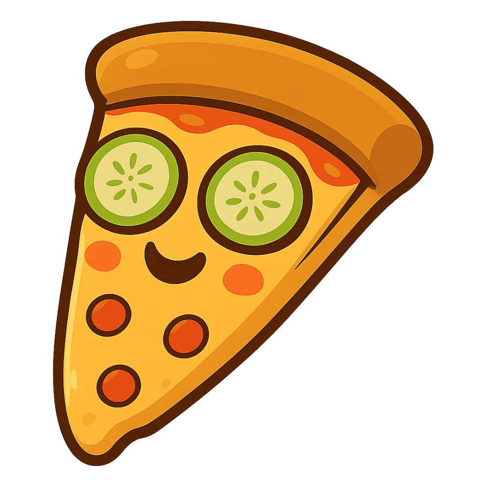 Remove any hands from the image and ensure only the pizza slice is visible with no background. Keep the pizza slice looking happy and relaxed with cucumber slices on its eyes, conveying a spa vibe. Maintain a clean and clear presentation focusing on the pizza slice only. sticker