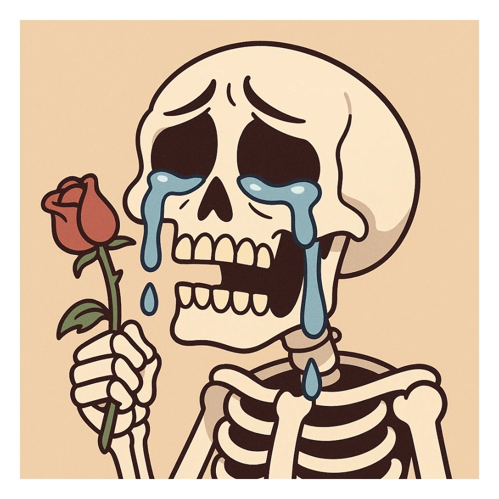 a skull with exaggerated tears and a drooping rose, cartoon style, flat toon style sticker