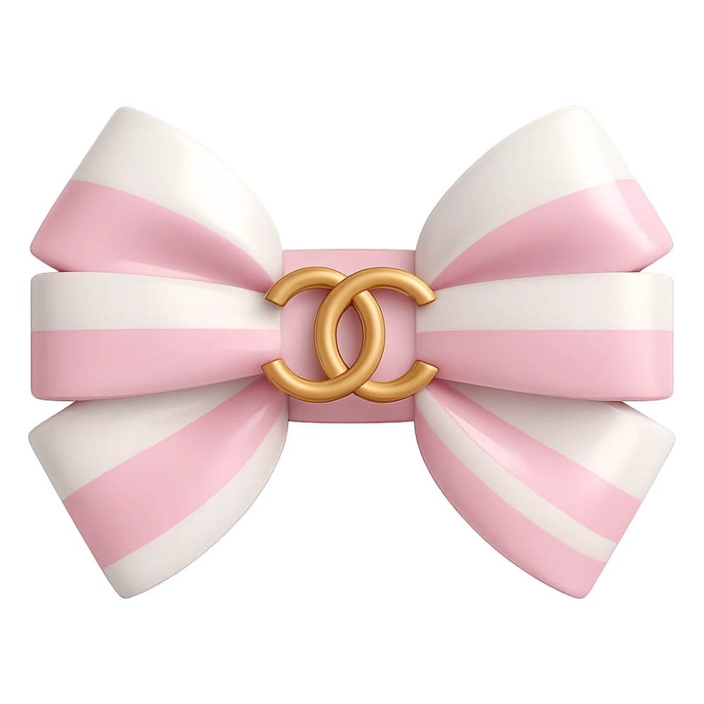Change the bow to pink and white, keep the gold Chanel logo, glossy, elegant, 3D emoji style. Remove the background. sticker