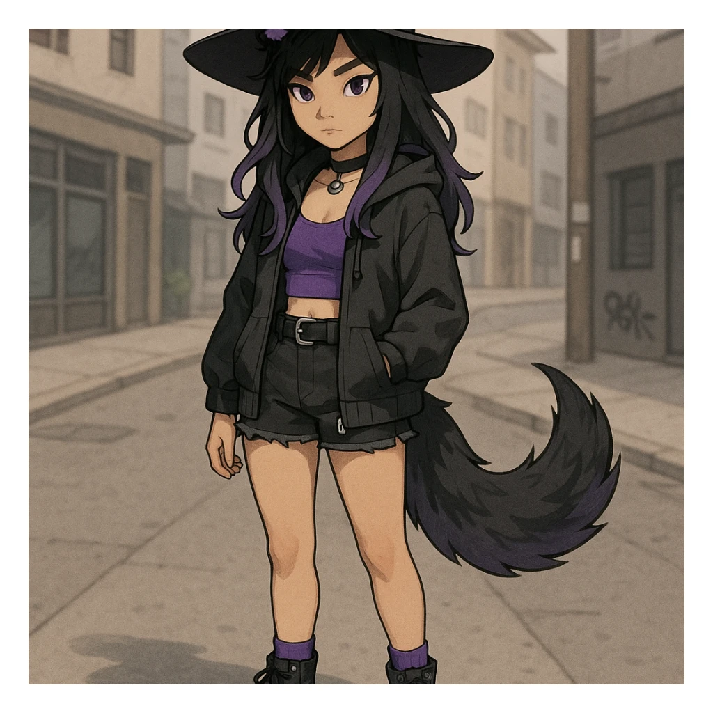 modern interpretation of a witch with black hair, wolf ears and wolf tail, youthful, purple accents, trendy clothing, urban style sticker