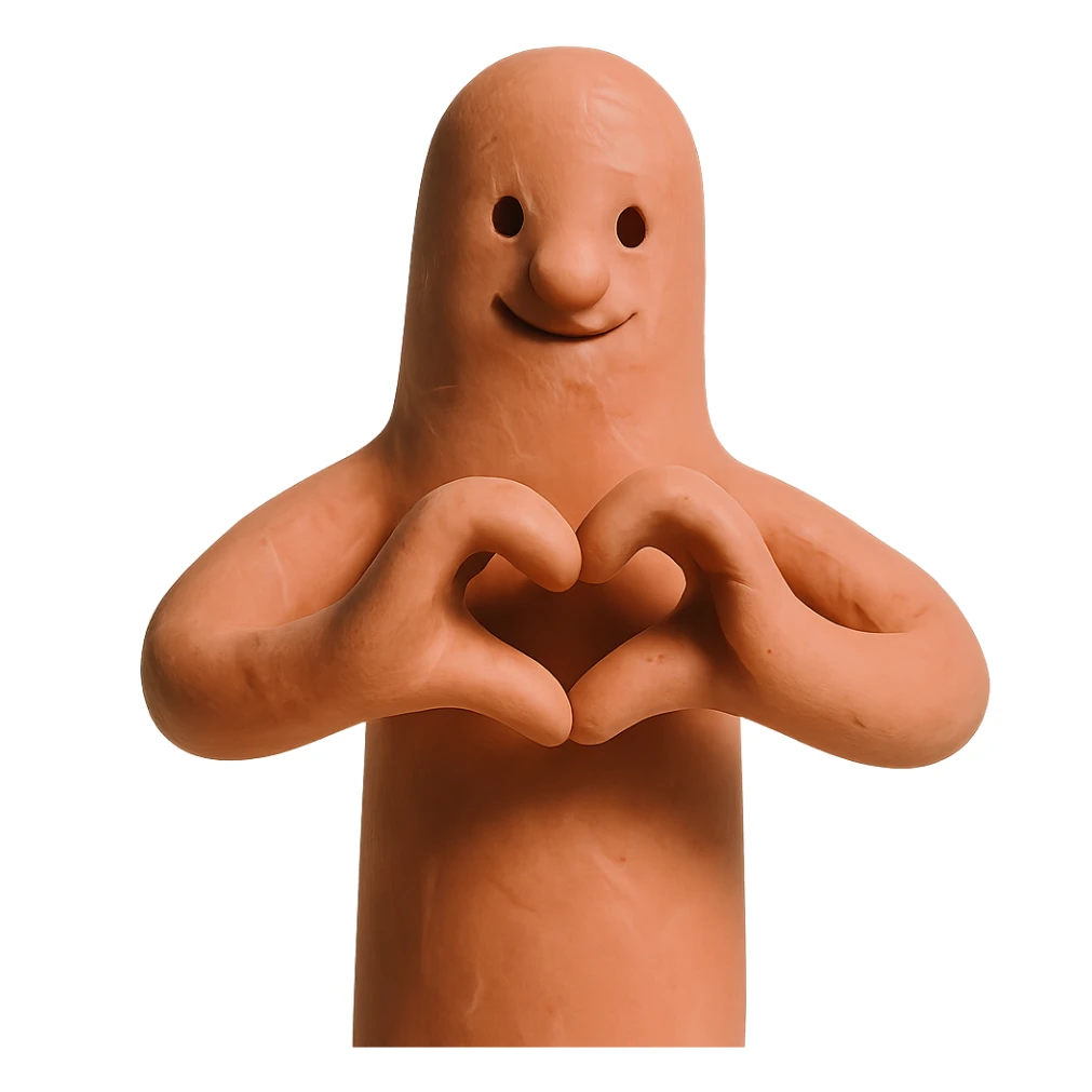 a whimsical sausage-shaped humanoid with a pinkish-orange body, forming a heart with its hands sticker